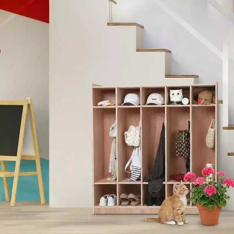 Meuble de rangement pour enfants à 5 casiers en bois avec crochets, roulettes et boîtes de rangement