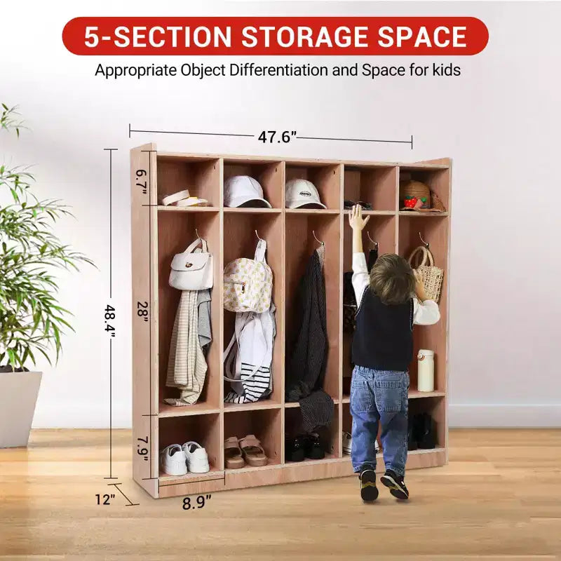 Meuble de rangement pour enfants à 5 casiers en bois avec crochets, roulettes et boîtes de rangement