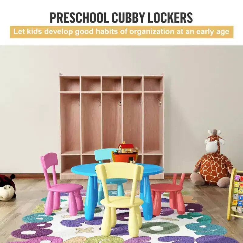 Meuble de rangement pour enfants à 5 casiers en bois avec crochets, roulettes et boîtes de rangement