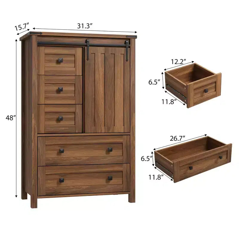 Commode 5 tiroirs de style rustique, commode de rangement en bois de 48 po avec porte de grange coulissante