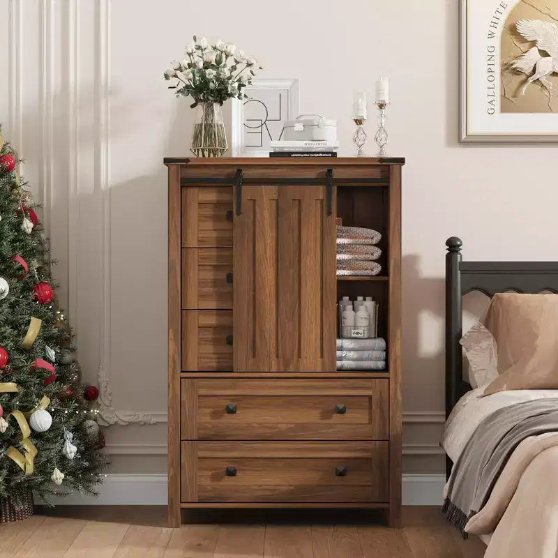 Commode 5 tiroirs de style rustique, commode de rangement en bois de 48 po avec porte de grange coulissante