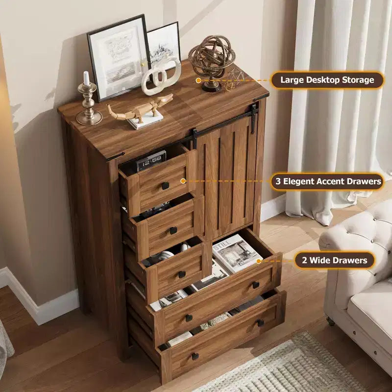 Commode 5 tiroirs de style rustique, commode de rangement en bois de 48 po avec porte de grange coulissante