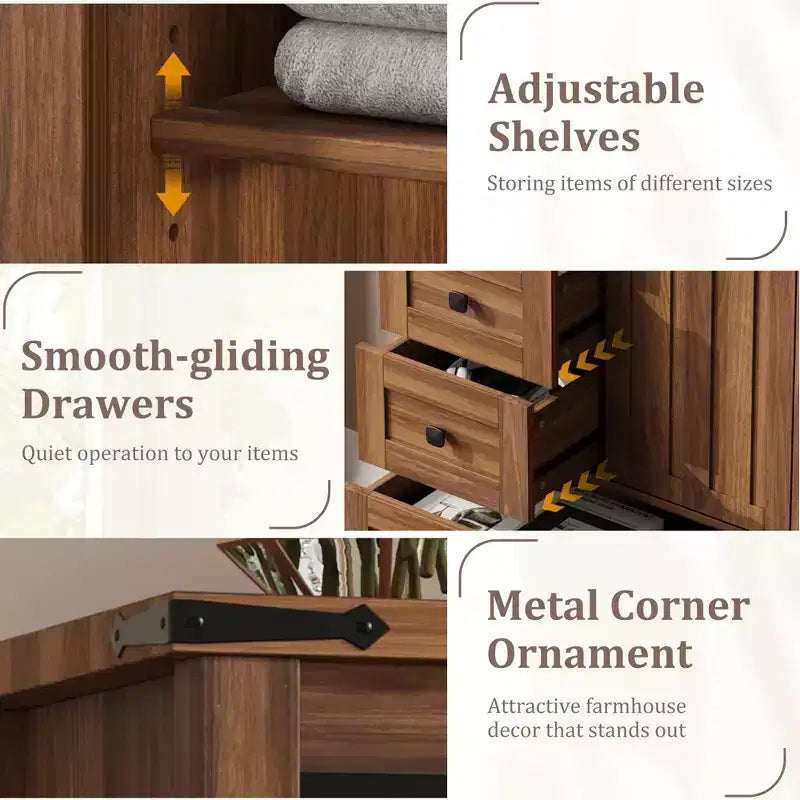 Commode 5 tiroirs de style rustique, commode de rangement en bois de 48 po avec porte de grange coulissante
