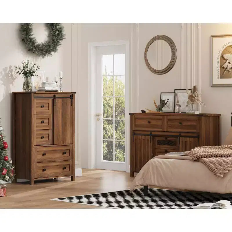 Commode 5 tiroirs de style rustique, commode de rangement en bois de 48 po avec porte de grange coulissante
