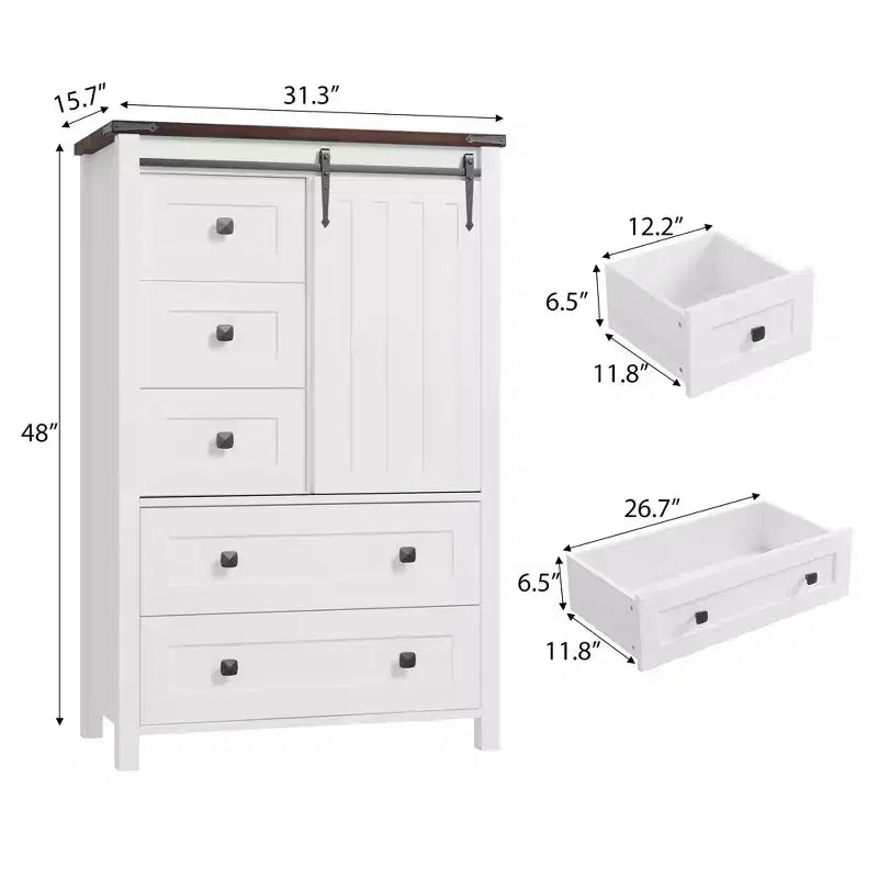 Commode 5 tiroirs de style rustique, commode de rangement en bois de 48 po avec porte de grange coulissante