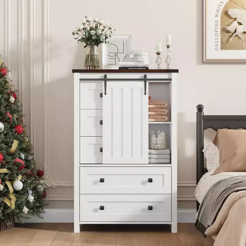Commode 5 tiroirs de style rustique, commode de rangement en bois de 48 po avec porte de grange coulissante
