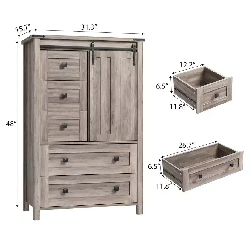 Commode 5 tiroirs de style rustique, commode de rangement en bois de 48 po avec porte de grange coulissante