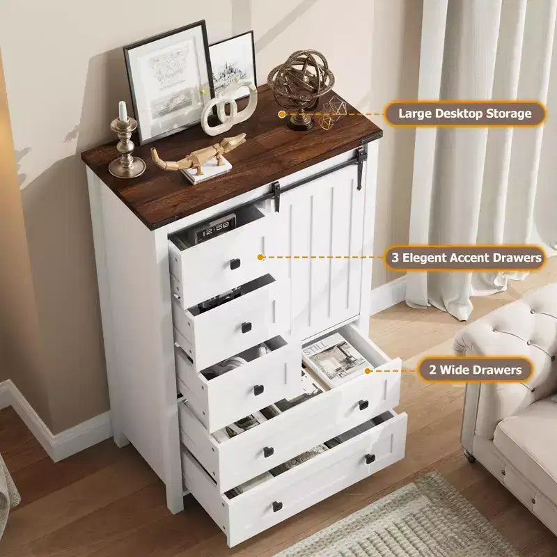 Commode 5 tiroirs de style rustique, commode de rangement en bois de 48 po avec porte de grange coulissante