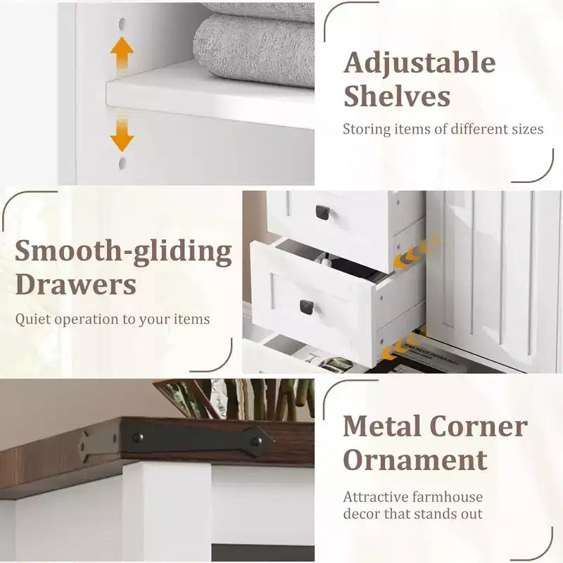 Commode 5 tiroirs de style rustique, commode de rangement en bois de 48 po avec porte de grange coulissante