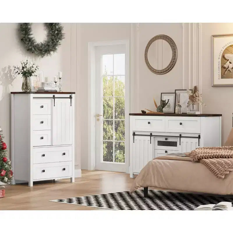 Commode 5 tiroirs de style rustique, commode de rangement en bois de 48 po avec porte de grange coulissante