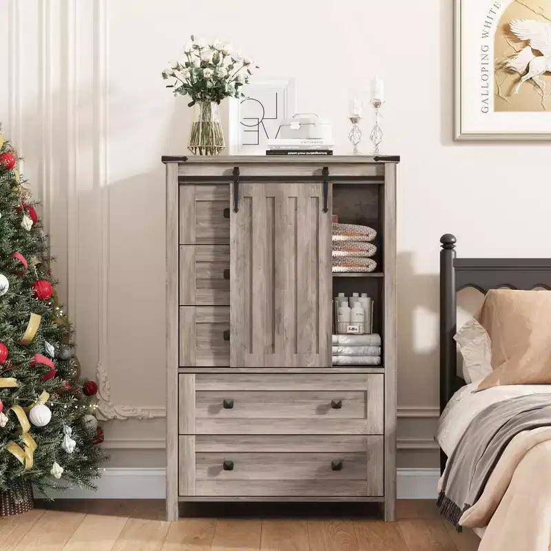 Commode 5 tiroirs de style rustique, commode de rangement en bois de 48 po avec porte de grange coulissante