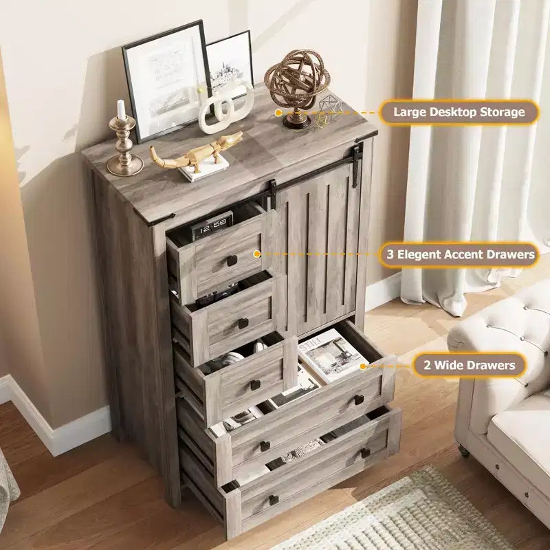 Commode 5 tiroirs de style rustique, commode de rangement en bois de 48 po avec porte de grange coulissante
