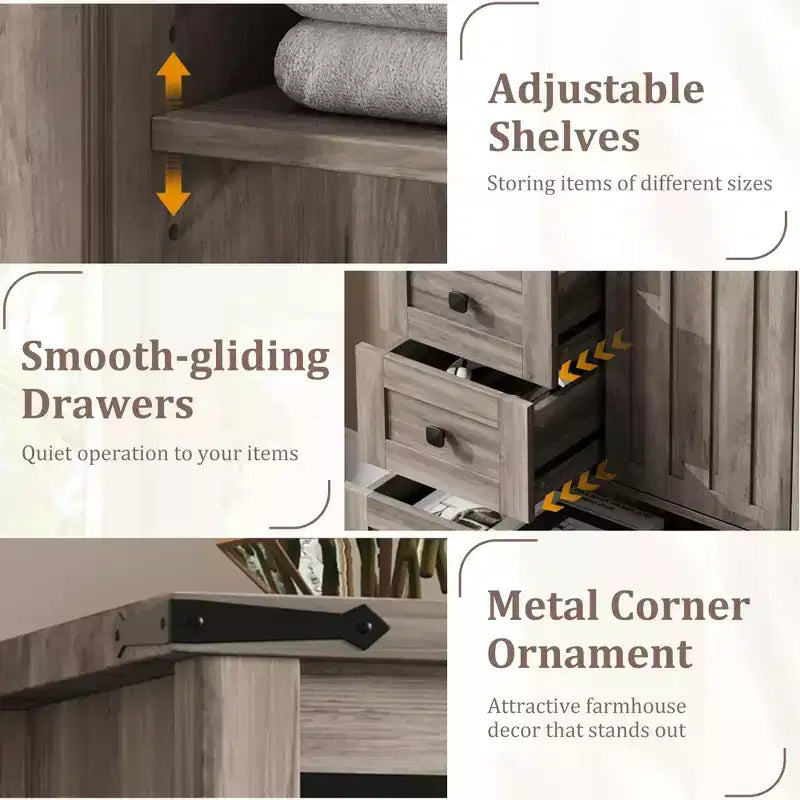 Commode 5 tiroirs de style rustique, commode de rangement en bois de 48 po avec porte de grange coulissante