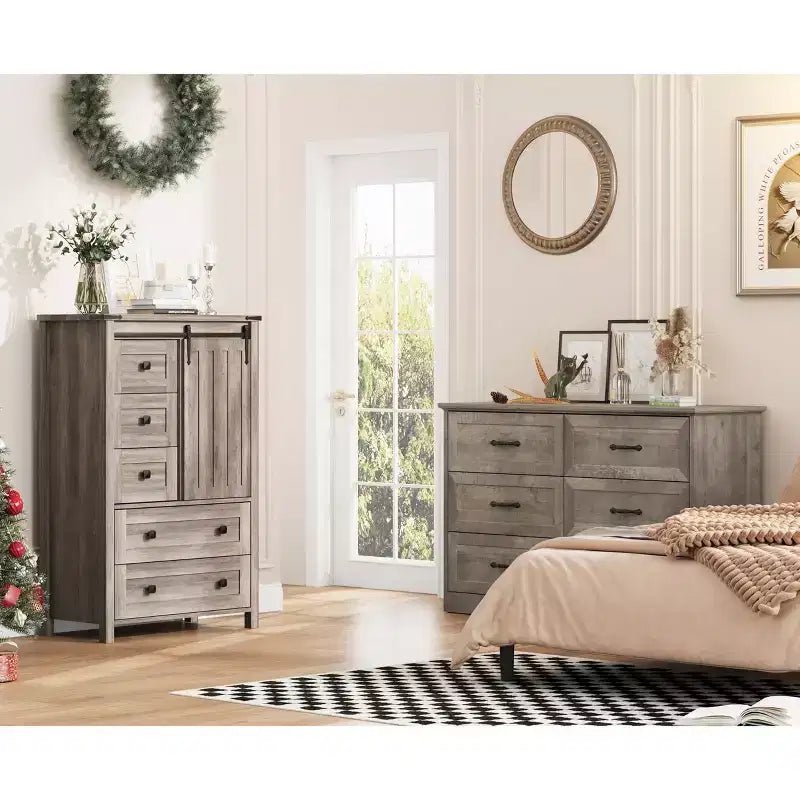 Commode 5 tiroirs de style rustique, commode de rangement en bois de 48 po avec porte de grange coulissante