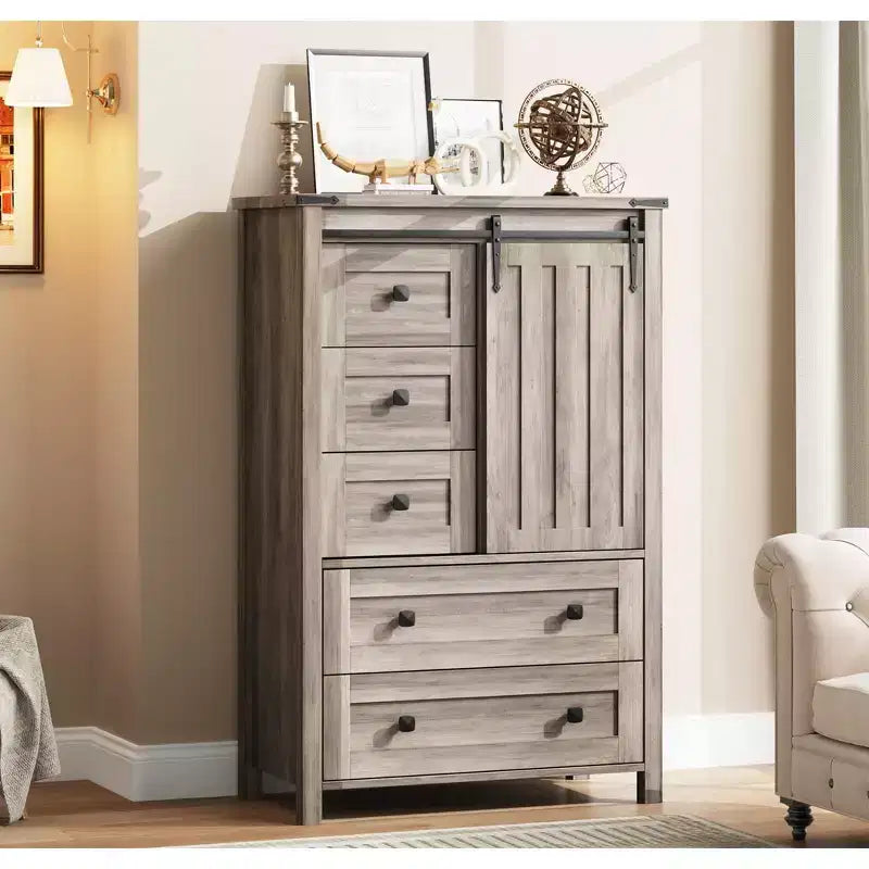 Farmhouse 5-Drawer Dresser, 48 Wood Storage Chest with Sliding Barn Door &amp; Adjustable Shelf for Bedroom, Living Room, Hallway
