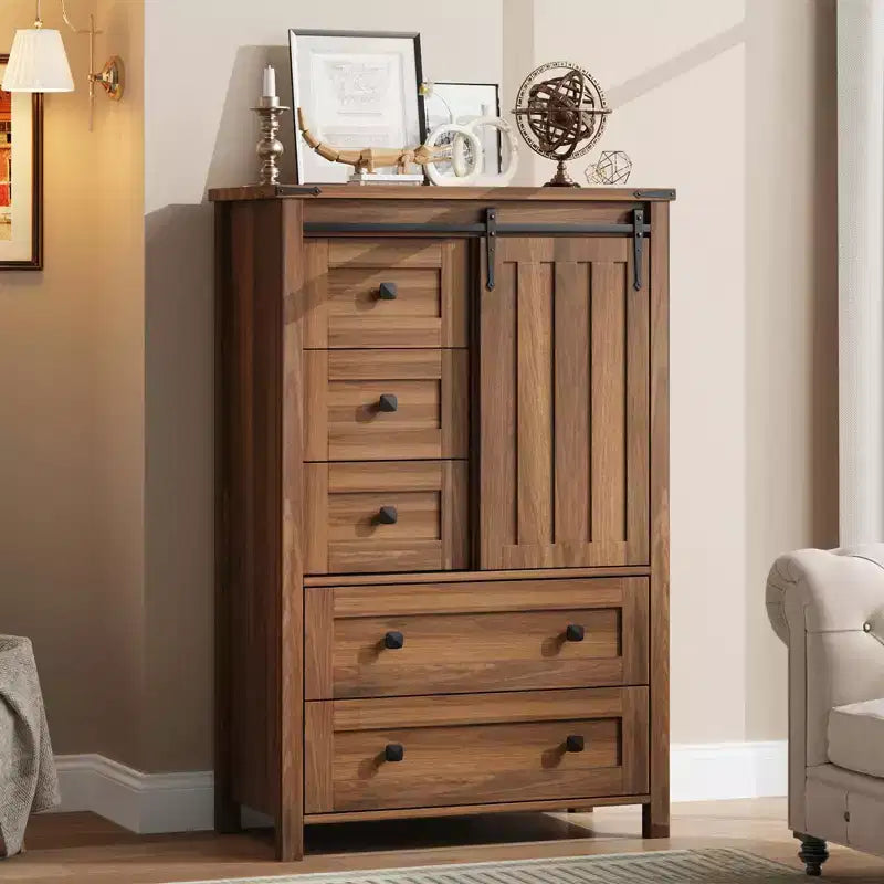 Commode 5 tiroirs de style rustique, commode de rangement en bois de 48 po avec porte de grange coulissante