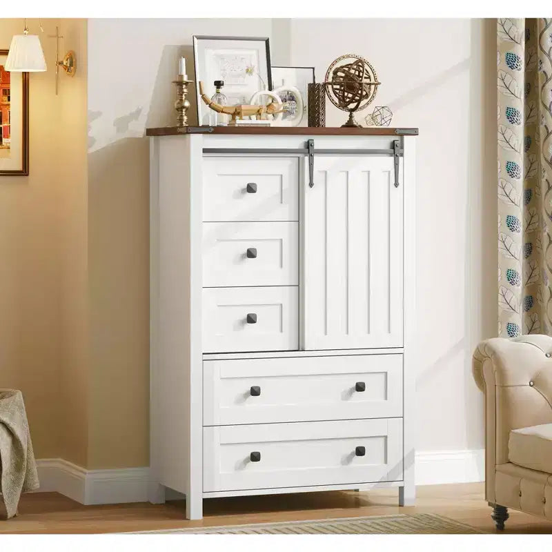 Commode 5 tiroirs de style rustique, commode de rangement en bois de 48 po avec porte de grange coulissante