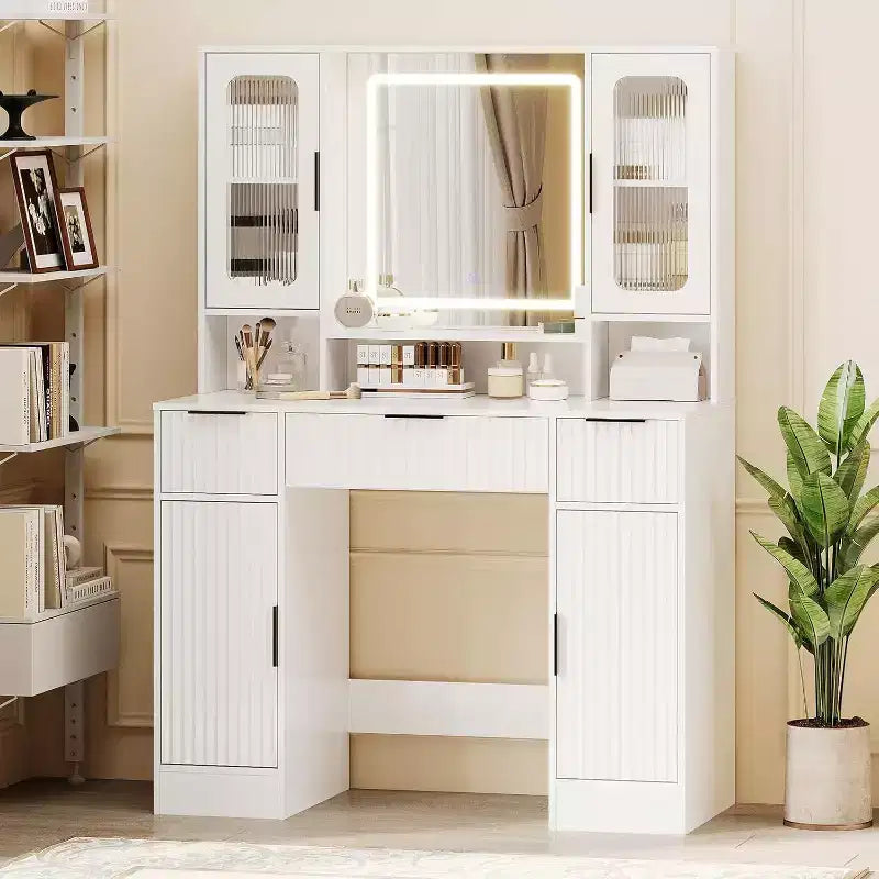 Vanity Desk with Mirror, Modern Makeup Dressing Table, Vanities for Bedroom with 2 Glass Cabinet, 2 Large Cabinet, 3 Drawers &amp; Storage Shelves