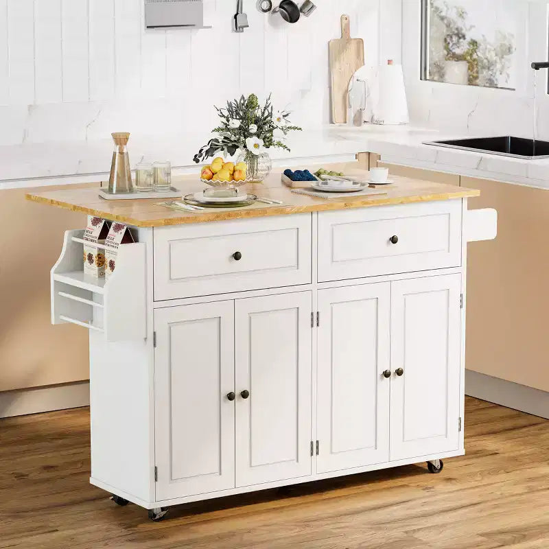 EROMMY 52 Large Kitchen Island Cart, Kitchen Island Cart With Drop Leaf, 2 Drawers &amp; 2 Storage Cabinets