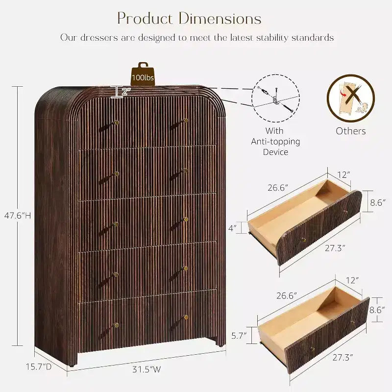 Commode 5 tiroirs cannelés à profil incurvé épais 122 cm de hauteur Placard en bois