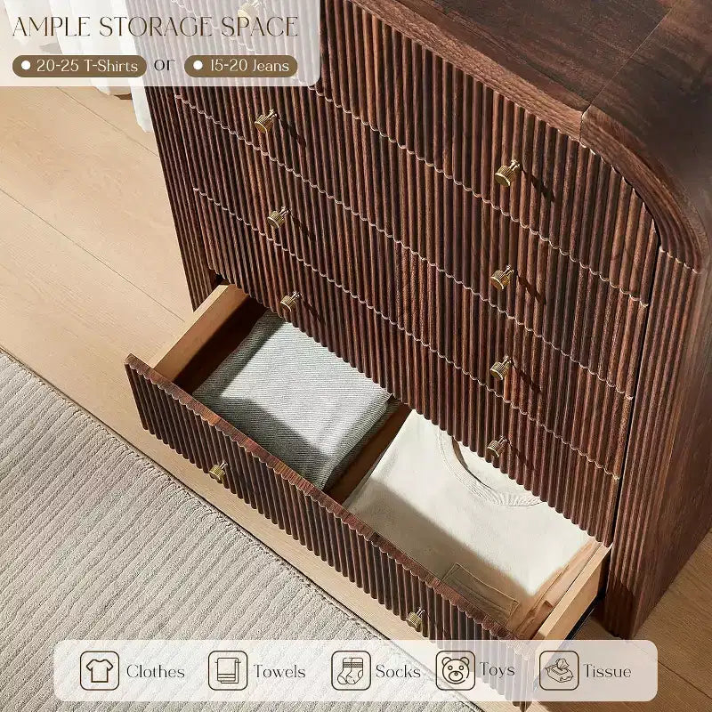 Commode 5 tiroirs cannelés à profil incurvé épais 122 cm de hauteur Placard en bois