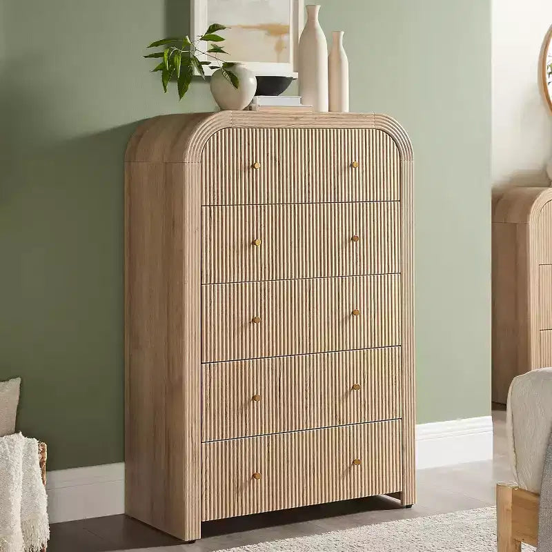 Commode 5 tiroirs cannelés à profil incurvé épais 122 cm de hauteur Placard en bois