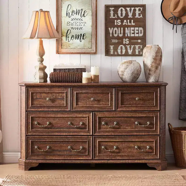 Commode de style rustique vintage à 7 tiroirs, pour chambre à coucher et salon, meuble de rangement