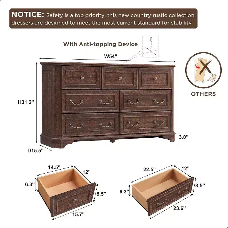 Commode de style rustique vintage à 7 tiroirs, pour chambre à coucher et salon, meuble de rangement
