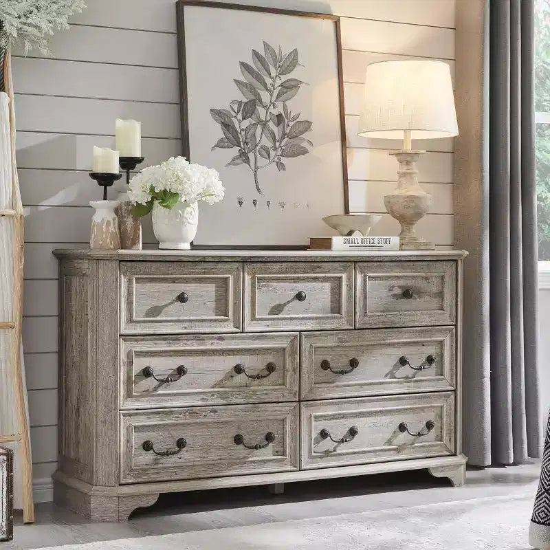 Commode de style rustique vintage à 7 tiroirs, pour chambre à coucher et salon, meuble de rangement