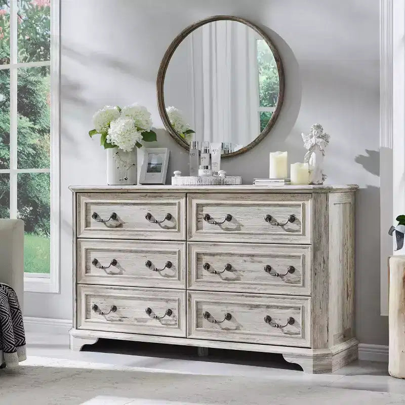 Commode rustique de ferme de 54 po de large à 6 tiroirs en bois avec texture naturelle