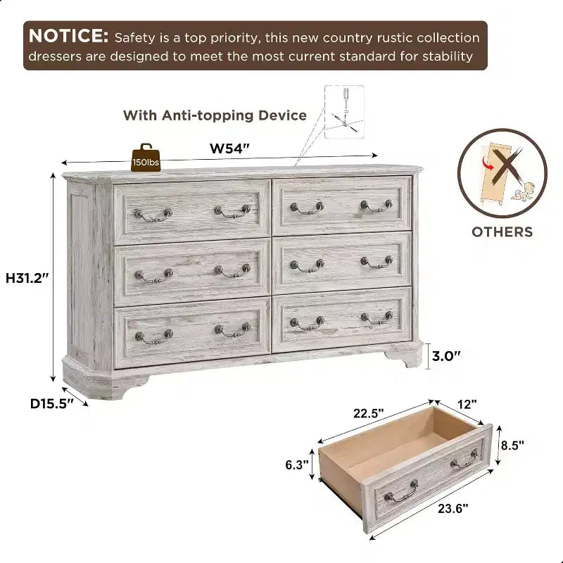 Commode rustique de ferme de 54 po de large à 6 tiroirs en bois avec texture naturelle