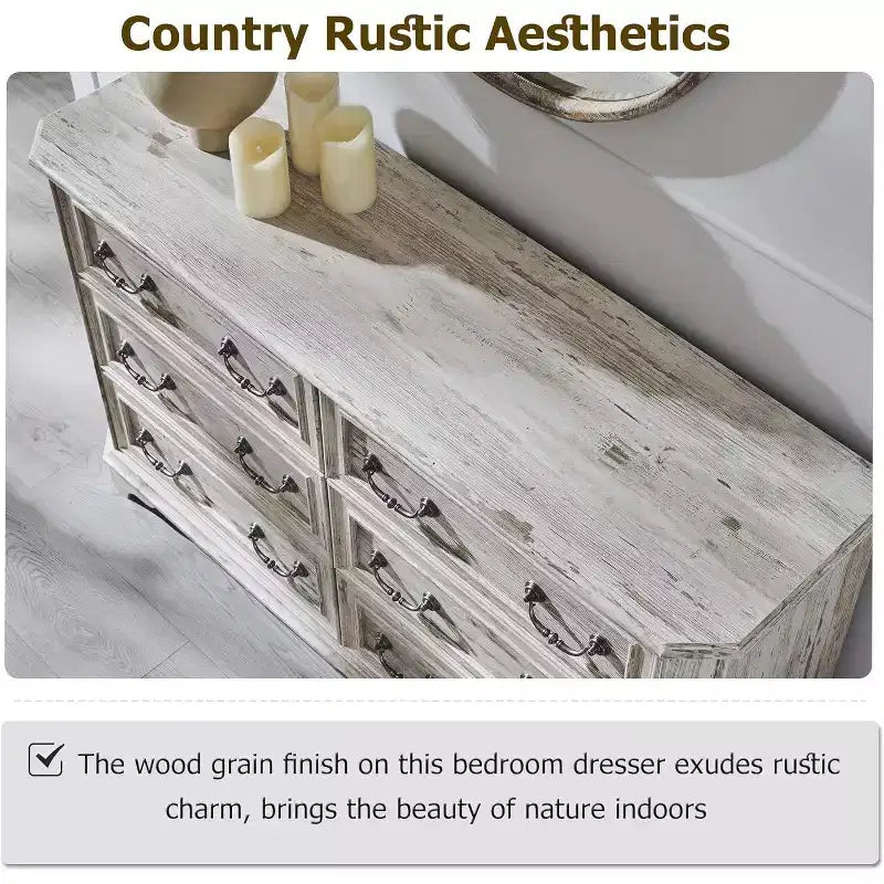 Commode rustique de ferme de 54 po de large à 6 tiroirs en bois avec texture naturelle