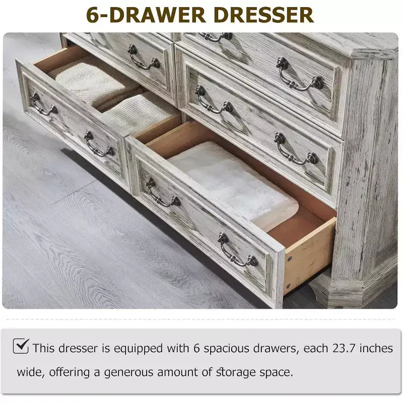 Commode rustique de ferme de 54 po de large à 6 tiroirs en bois avec texture naturelle