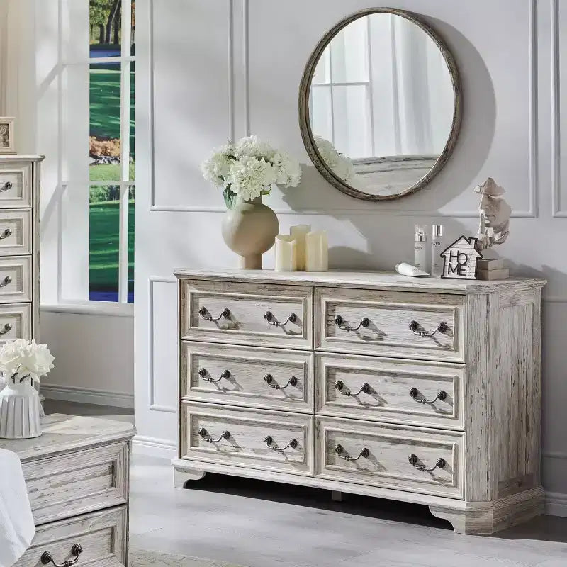 Commode rustique de ferme de 54 po de large à 6 tiroirs en bois avec texture naturelle