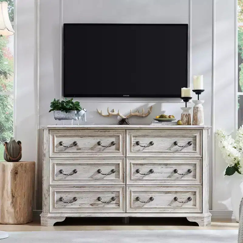 BALHAM TRADE-54 Wide Farmhouse 6 Drawers Wood Rustic Dresser with Natural Texture Vintage Design