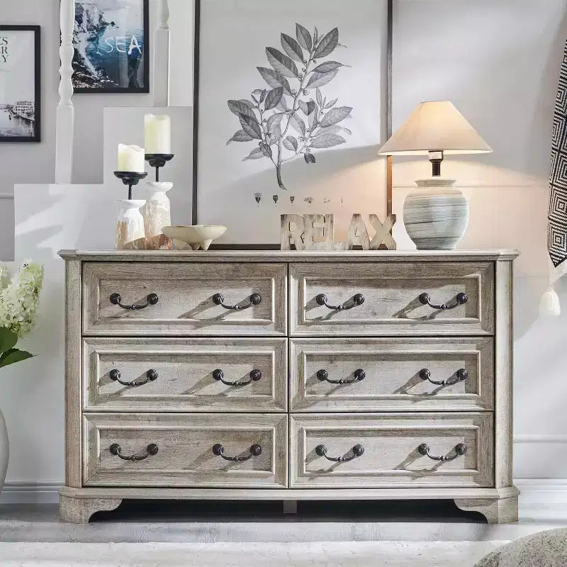 Commode rustique de ferme de 54 po de large à 6 tiroirs en bois avec texture naturelle