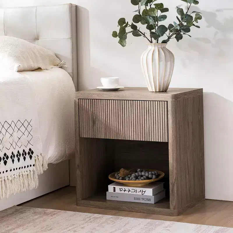 Modern Fluted Bedside Table with Drawer Storage, Mid-Century Side Table, Nightstand for Bedroom or Living Room-Panipeachy